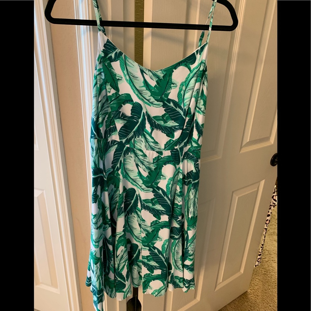 Palm leaf print spaghetti strap fit & flare dress
